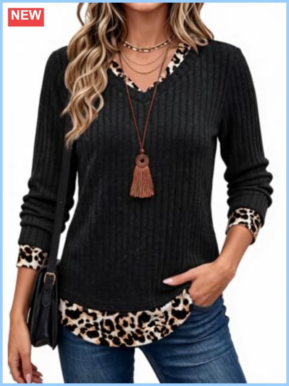Womens Long Sleeve Faux Layered Tunic Top Lightweight Ribbed Knit VNeck